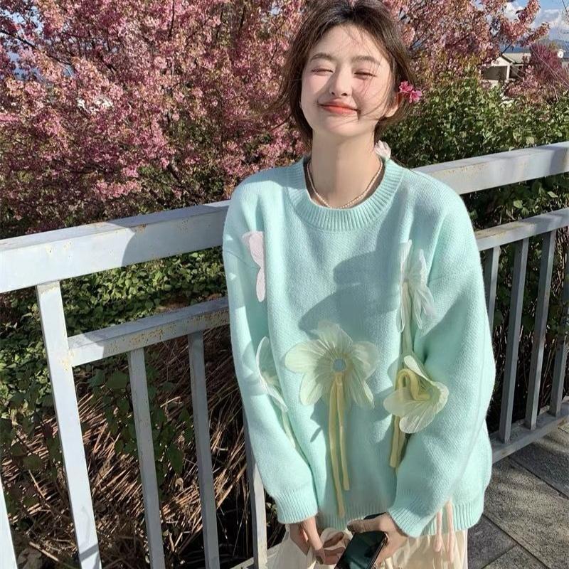 3D Flower Decoration Women's Sweater Solid Color Round Collar Long Sleeved Pullover Korean Version New Style Loose Sweet Female Top