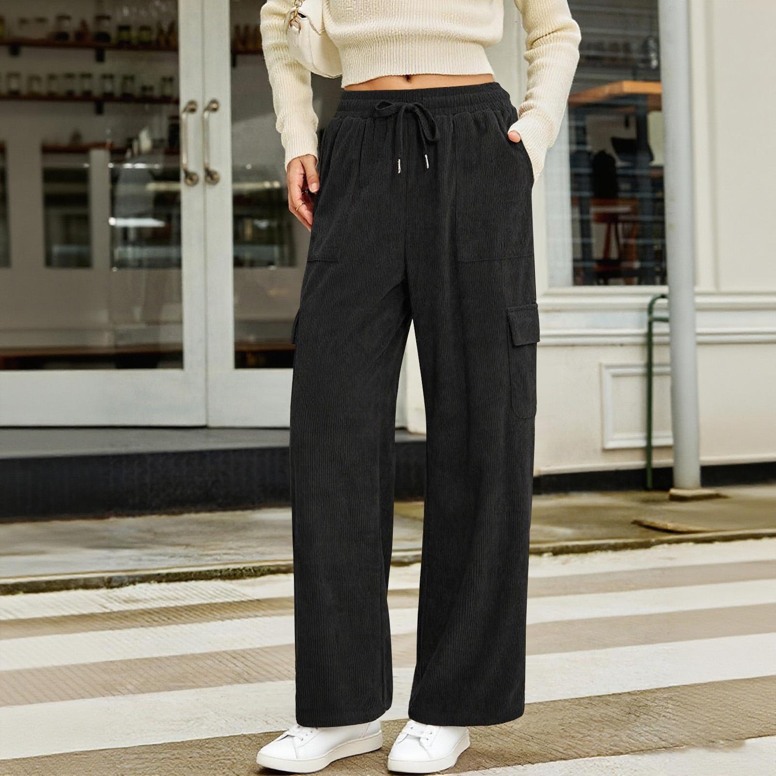 

Женские вельветовые повседневные брюки с высокой талией, эластичной кулиской, свободные, рабочая одежда, широкие брюки с карманами M