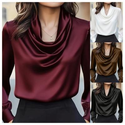 Spot 2025 Popular Autumn Fashionable and Elegant Solid Color Swing Collar Long-sleeved Shirt for Women