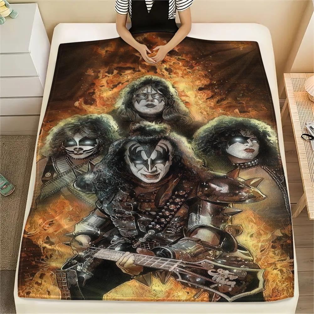 1Pc Rock Kiss Band Print Flannel Blanket, High Quality Comfortable for All Seasons, Home Decor, Warmth and Comfort, Perfect for Christmas Gifts