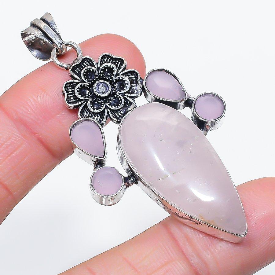 Natural Rose Quartz, Chalcedony 925 Sterling Silver Jewelry Pendant 2.56" C3y88