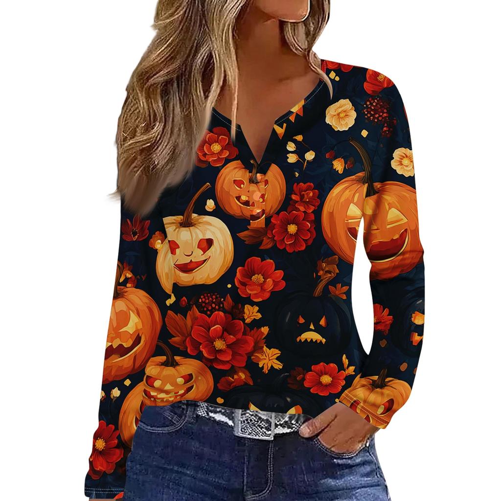 Women's Halloween Print V-Neck Long Sleeve T-Shirt with Button for Casual Holiday Wear