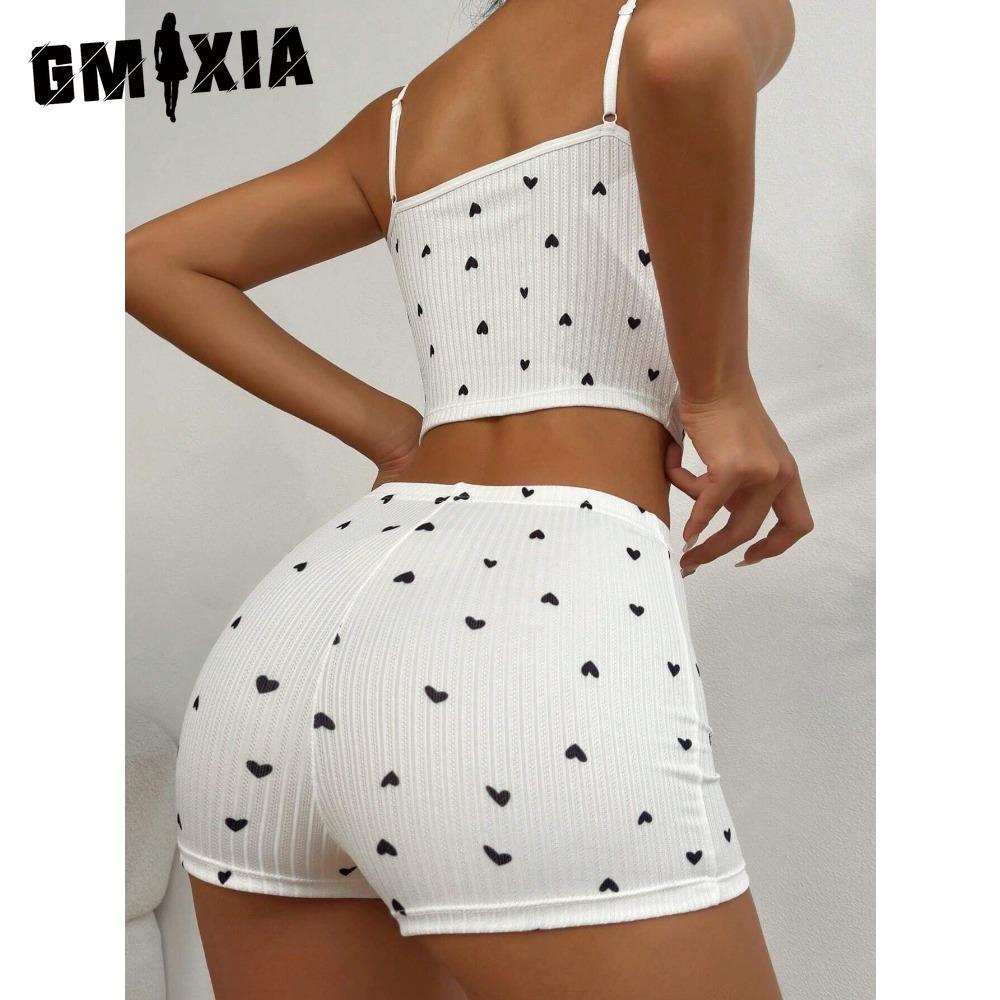 GMXIA Summer Homewear Heart-shaped Printing Bow Halter Home Leisure Suit Pajamas