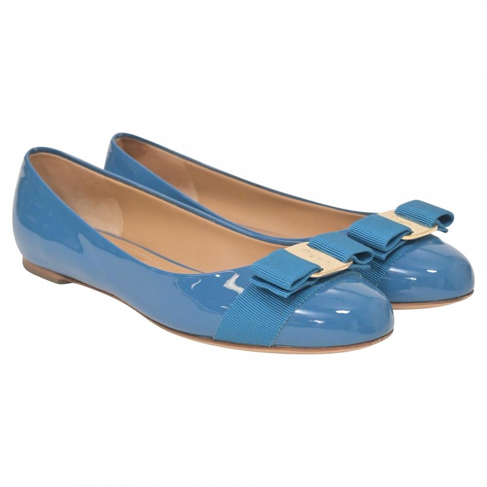 Salvatore Ferragamo VarIna Bow Ballet In Blue Patent Leather Blue