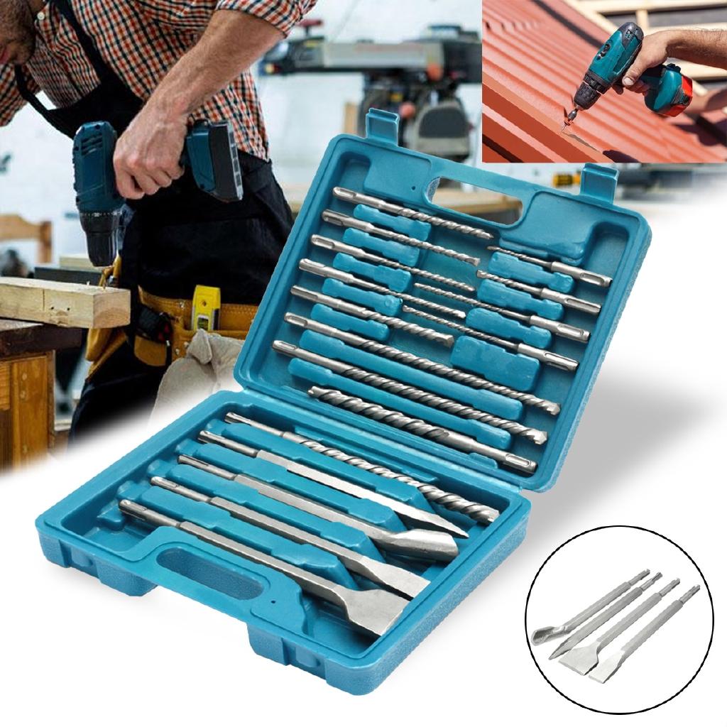 17 Pcs Drill Bits And Chisel SDS Plus Rotary Hammer Bit Masonry Set In Storage Case New