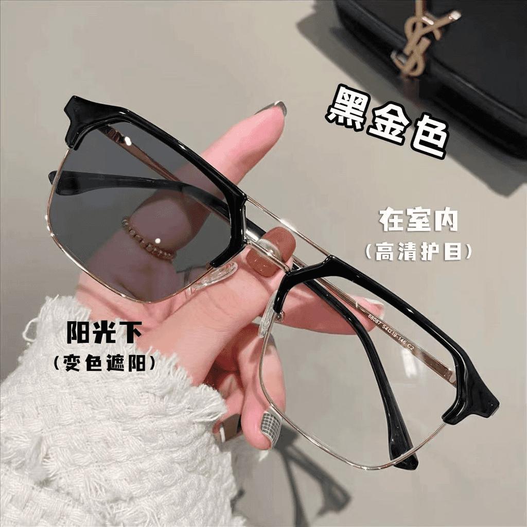 Color-changing half-frame myopia glasses, men's large frame looks thin and handsome, and flat light mirrors can be equipped with prescription lenses