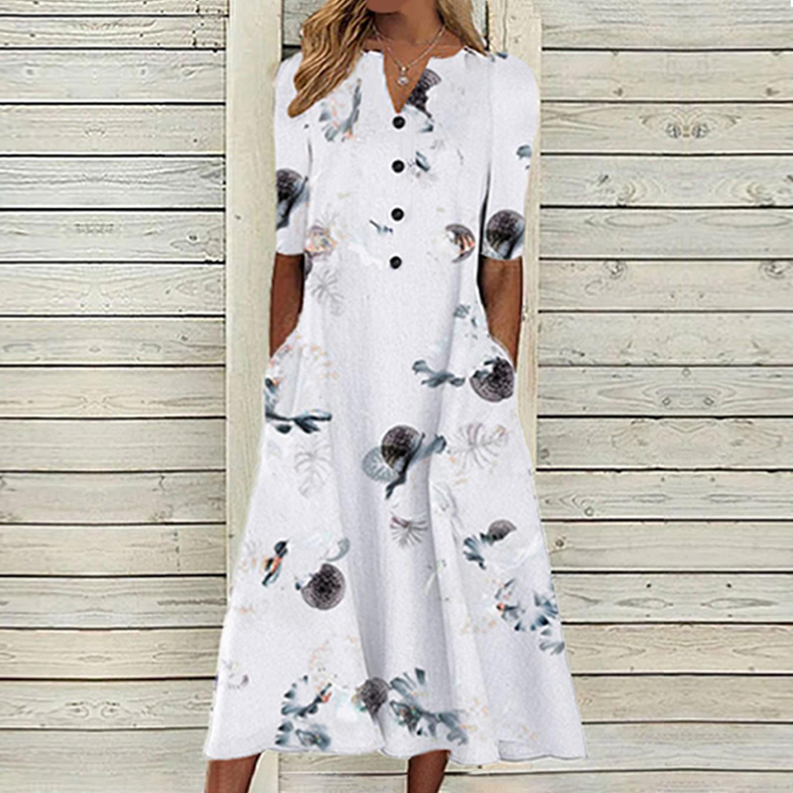 

Женское платье миди с короткими рукавами и цветочным принтом бабочки, повседневное длинное пляжное платье с v-образным вырезом и карманами на пуговицах M