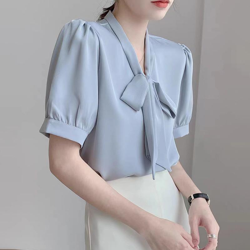 Blue Bowknot Shirt With Satin Fabric And Tie Detail For Office Women
