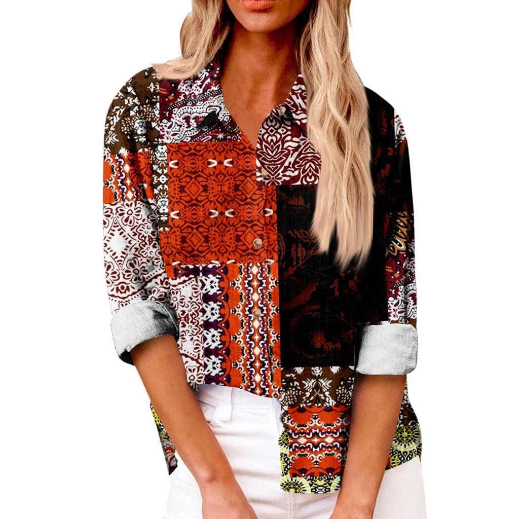 Women's Loose Floral Print Stand Collar Long Sleeve Cotton And Linen Top