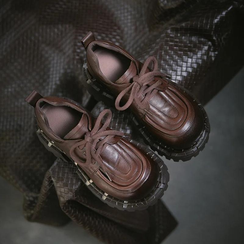 Johnature Britischer Stil Schnürschuhe Runde Spitze Dicke Sohle Echte Leder Vielseitige Damen High Heels Pumps