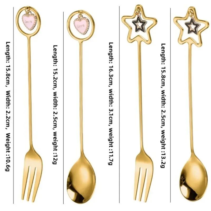 304 Stainless Steel Mixing Spoon with Long Handle Love Heart Star Shape Pendant Fruit Yogurt Honey Mixing Fork Kitchen Tableware