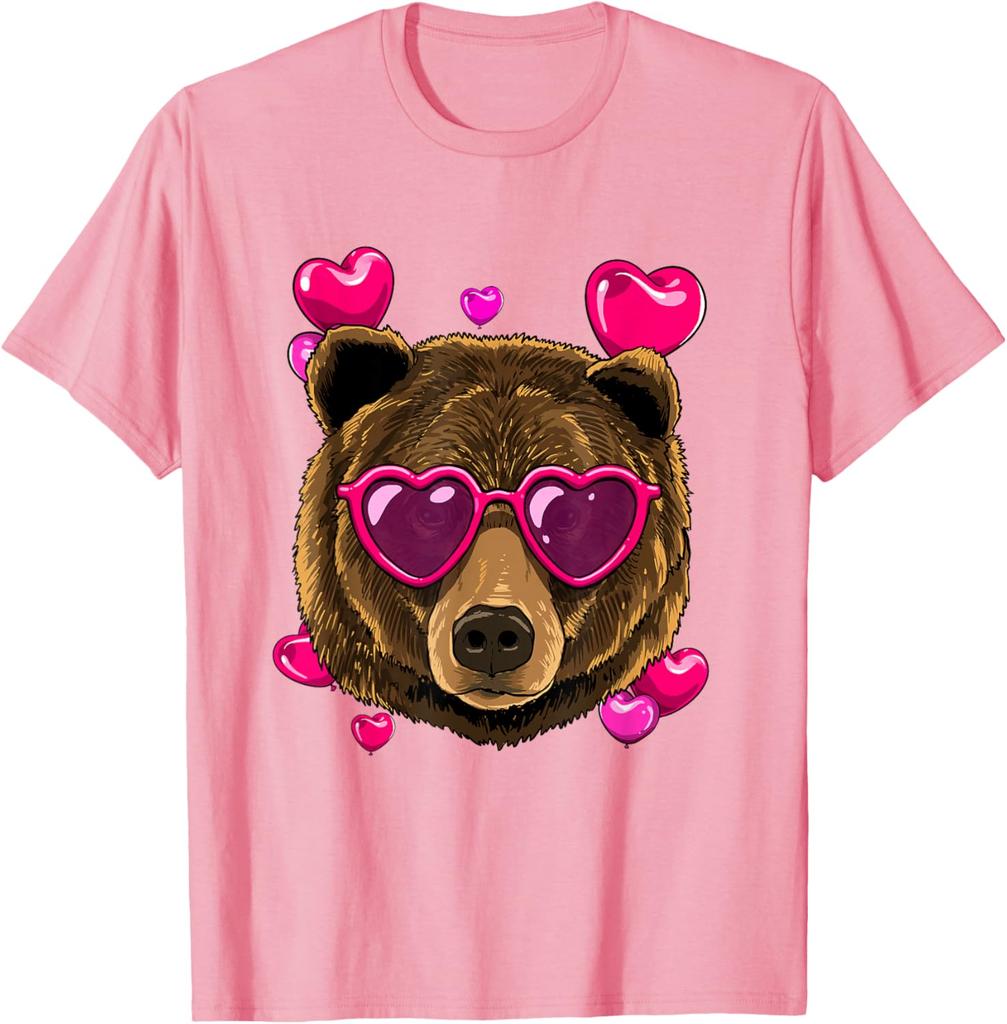 Bear Wearing Heart Sunglasses Valentines Day Graphic T-Shirt Casual Cotton Crewneck Tee