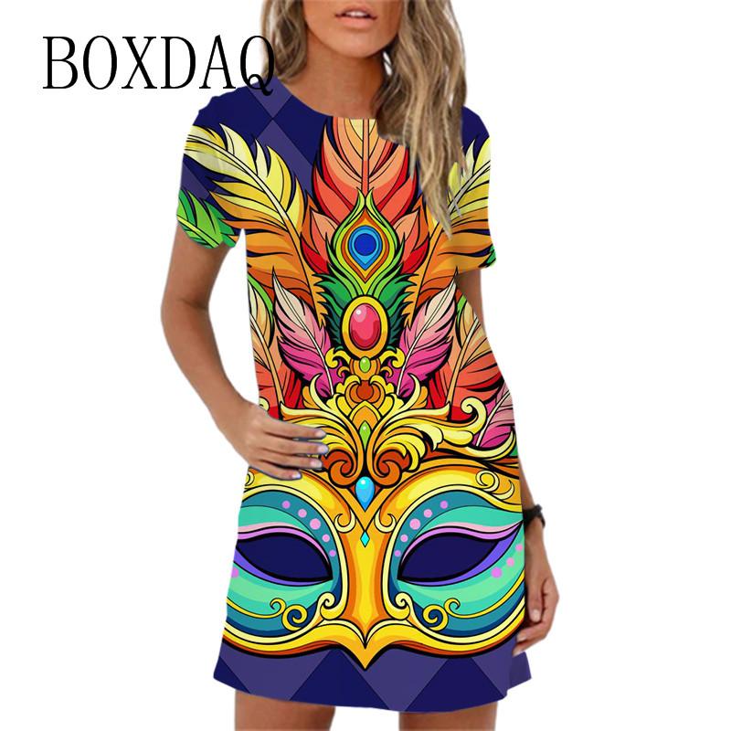 Summer New 2025 Women Mini Dress Vibrant Tuesday Carnival Party Dress Casual Short Sleeve O-Neck Print Loose A-Line Dress Womans