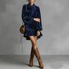 Women's Velvet Bubble Sleeve Bow Neck Ruffle Hem Midi Dress
