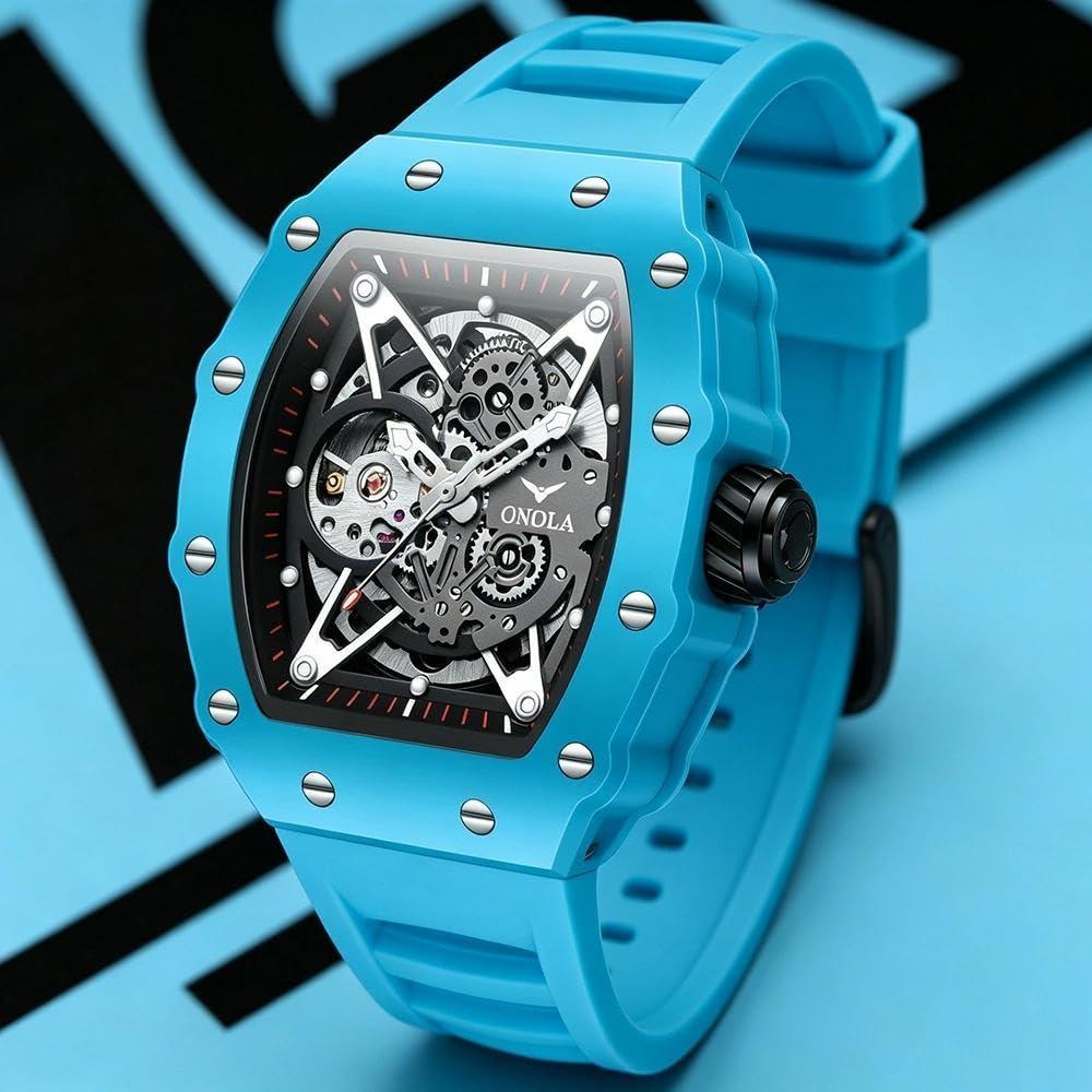 Orologi da uomo Tonneau Scheletrato Automatico Meccanico Impermeabile Luminoso Sportivo da Polso