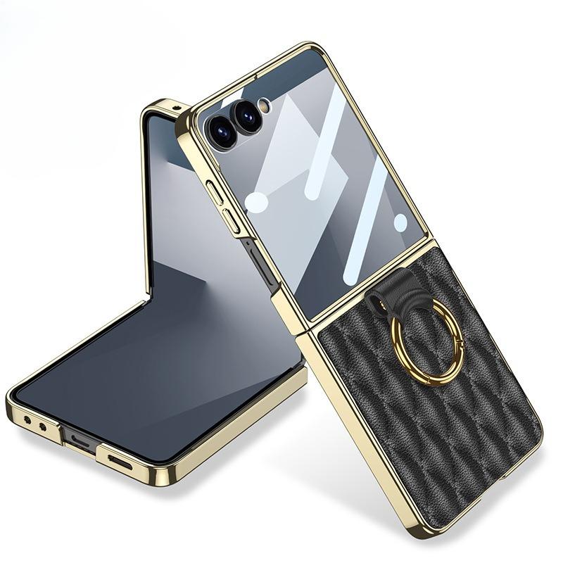 Applicable To Samsung ZFlip7 Folding Mobile Phone Case Electroplated Ring Plain Leather Advanced Sense Diamond FLIP5 Small Fragrance