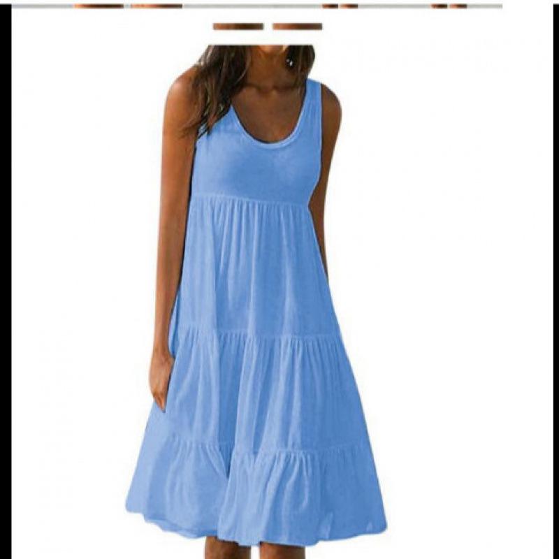 Women's Beach Dress: Sleeveless, Round Neck, Patchwork, Wide Hem, 7 Colors, 8 Sizes