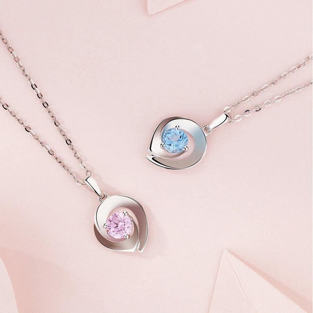 New 925 Sterling Silver Women Necklace Fashion Beautiful Blue Pink Zircon Flowers Pendants Clavicle Chain Jewelry Gift