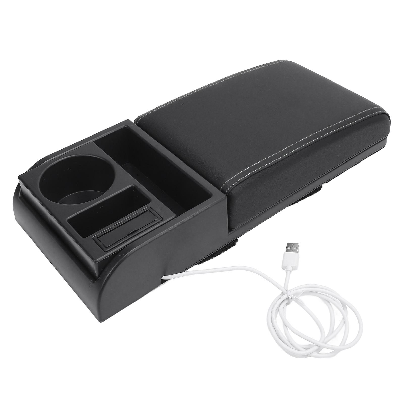 

Center Console Armrest Box Cover Adjustable Length with USB Charging Port Cup Holder Universal Fit Car Armrest Box White Line