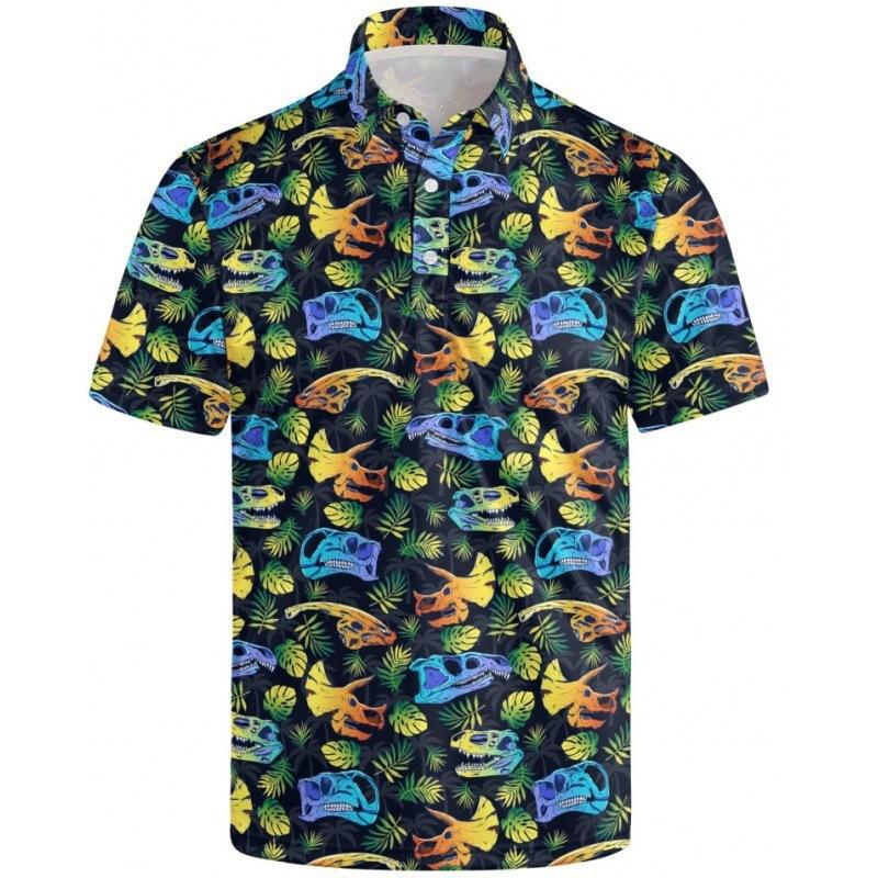 Dinosaur Skull Print Short Sleeve Polo Shirt, Fun Tropical Pattern Top