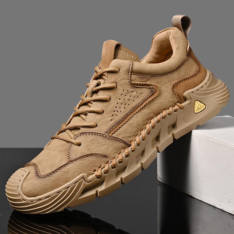 Casual shoes men's new leather outdoor sports shoes men's lightweight soft-soled stitching non-slip low-top shoes
