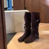 Cowhide version inner height increase cm knight boots women's cross buckle pleated long boots slim medium boots