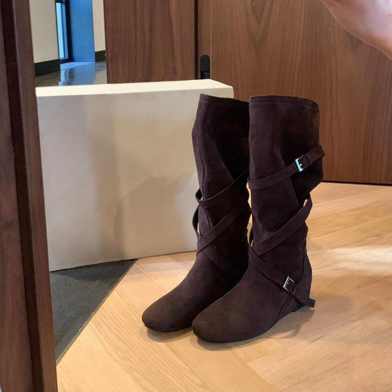 Cowhide version inner height increase cm knight boots women's cross buckle pleated long boots slim medium boots