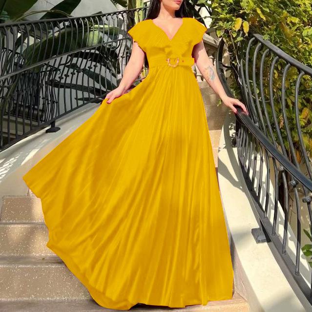 D3159P Plus Size V-Neck Pleated Ruffle Long Dress - European & American Style