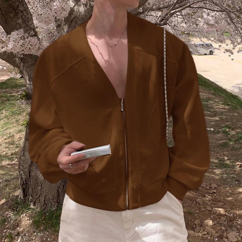 

INCERUN Осенние мужские пальто с глубоким V-образным вырезом на молнии с длинным рукавом, свободные тонкие толстовки 4XL коричневый