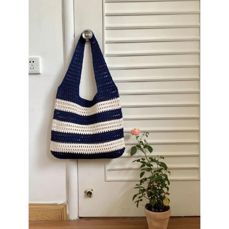 Women's Striped Woven Knitted Tote Bag Contrast Color Hollow Shoulder Bag Summer Beach Handbag