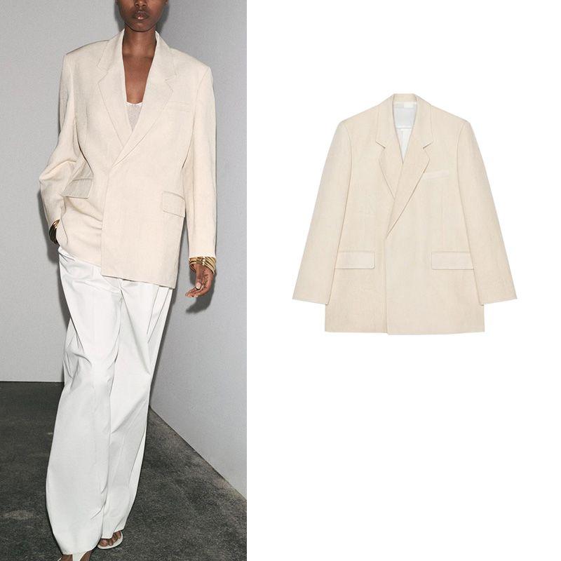 Spring and Summer Women's Clothing Elegant Commuter Long Sleeve Lapel Linen Blend Loose Casual Suit Jacket 2716767