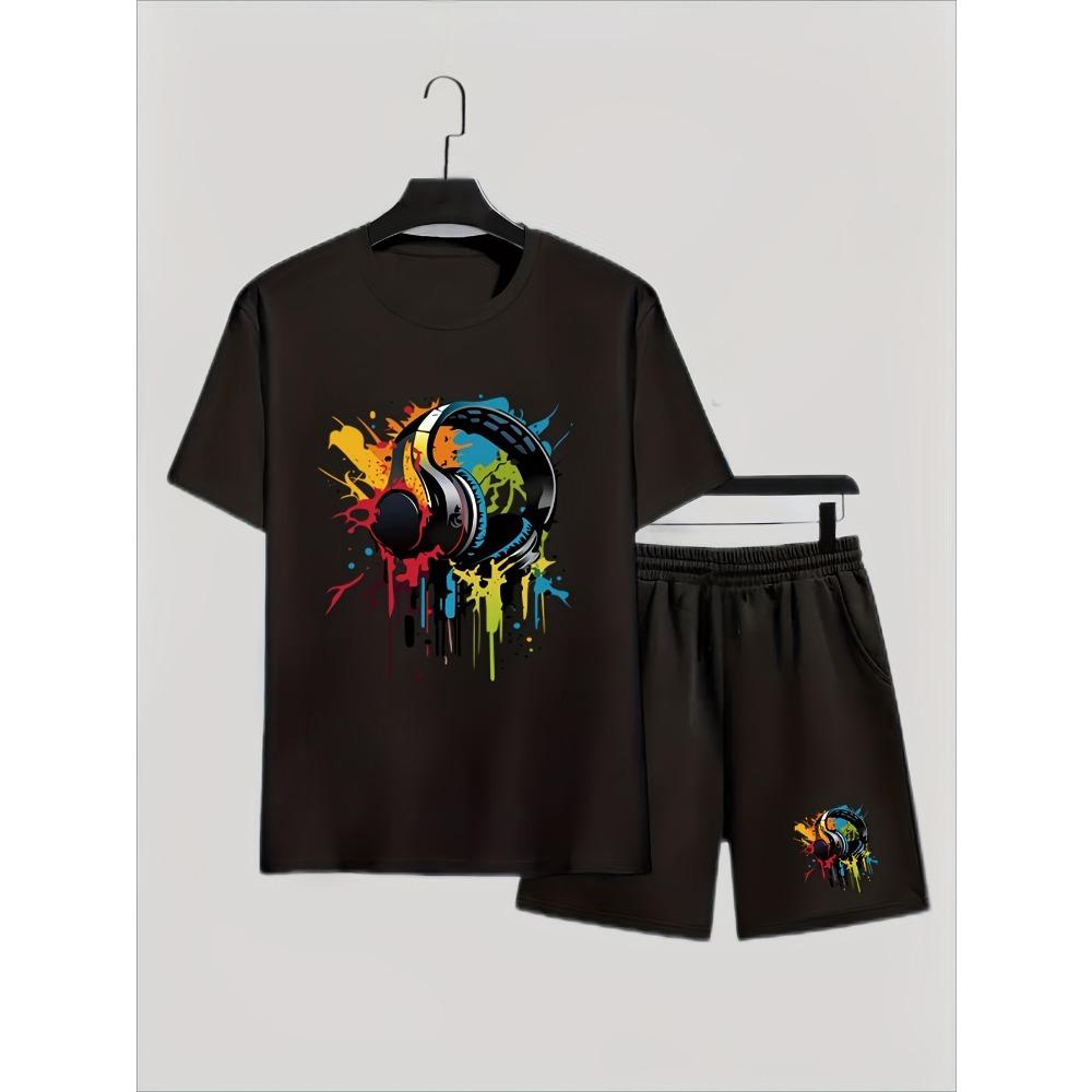 Summer Men s T-shirt Shorts Set Color Headphones Printed Short Sleeve Tops Shorts 2pcs Summer Men Women s Outdoor Casual T-shirt Sets XXS