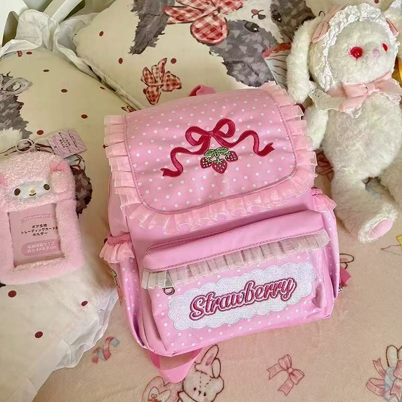Sweet Strawberry Bow Embroidered Lace Lolita Backpack Waterproof Nylon Kawaii Casual Bag розовый