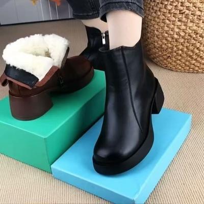 Retro Plus Samt Warme Kurze Stiefel Damen Lederstiefel Winter Dicke Absätze Kurze Stiefel Wasserdichte Warme Baumwollschuhe Damen