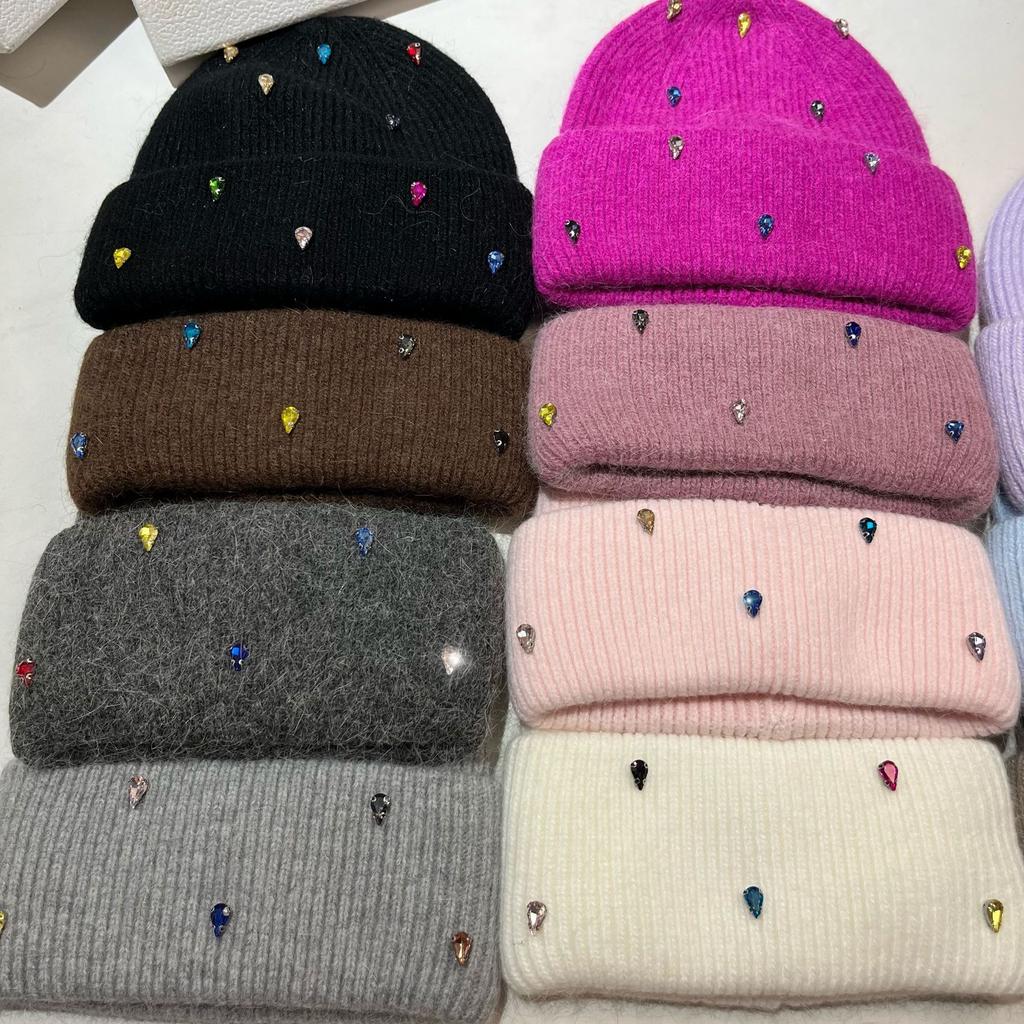 Paris Colored Diamond Light Luxury Winter Rabbit Fur Knitted Hat Personalized Youth Colorful Sweet Cool Design Wool Hat