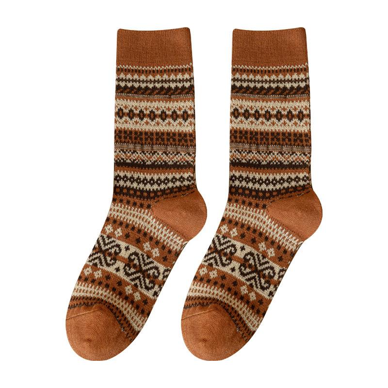 Japanese Retro Ethnic Style Maillard Fair Island Warm Knitted Socks For Women