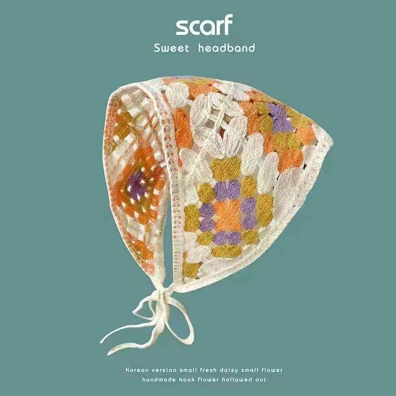 Korean Style Knitted Crochet Triangle Scarf: Women's Sweet Flower Headscarf Hat