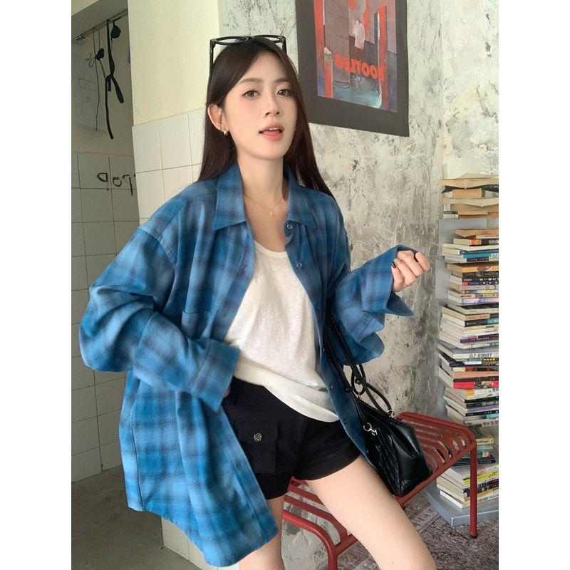 Kumikumi Idle Style Blue Gingham Brushed Long Sleeve Shirt Women's Clothing Fall Mid-Length Loose Slim Looking