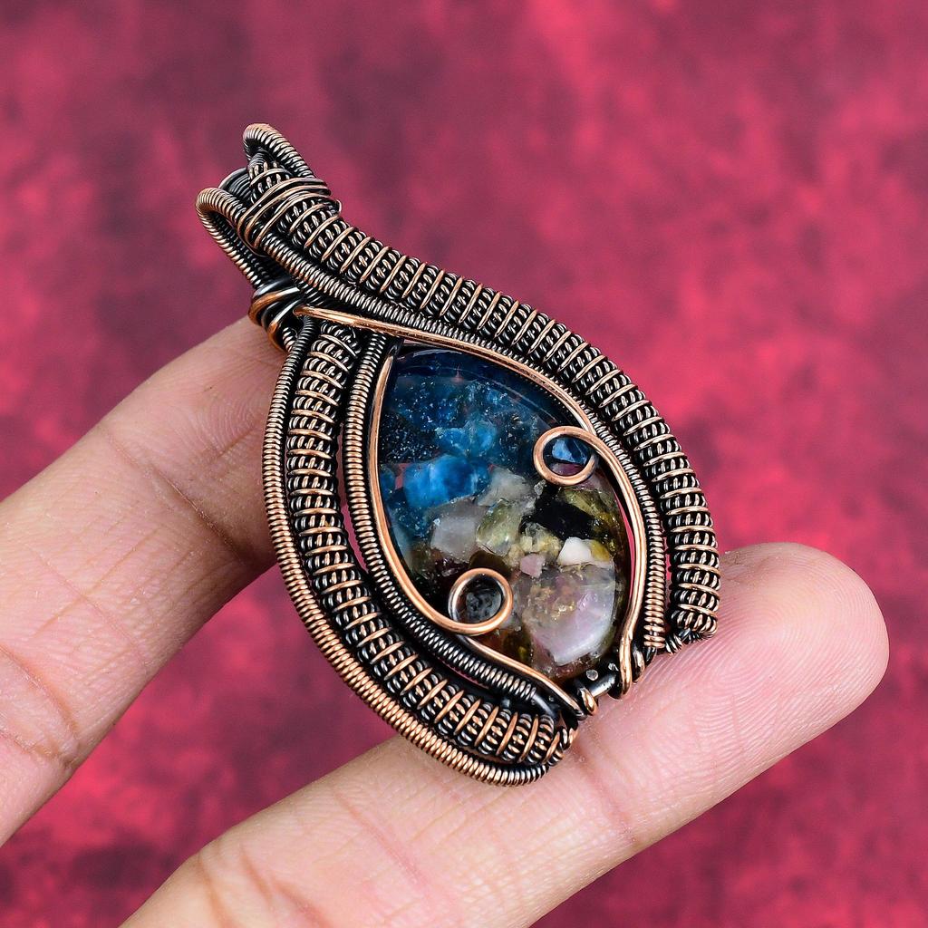 Copper watermelon tourmaline pendant copper wire wrapped gemstone pendant copper jewelry handmade pendant wire weaving jewelry wedding gifts