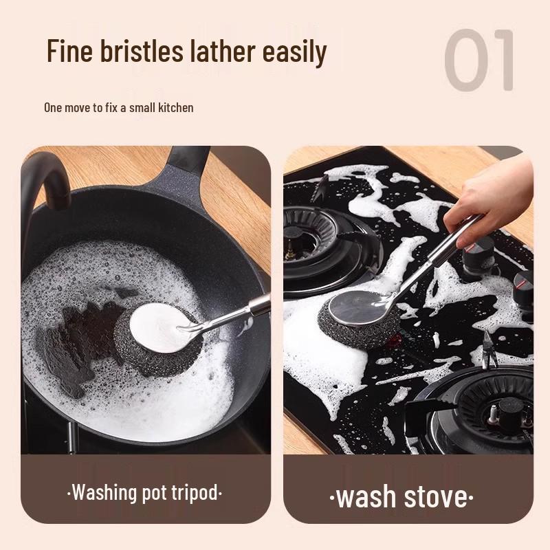 Long Handle Stainless Steel Pot Brush with Non-Shedding Steel Wool