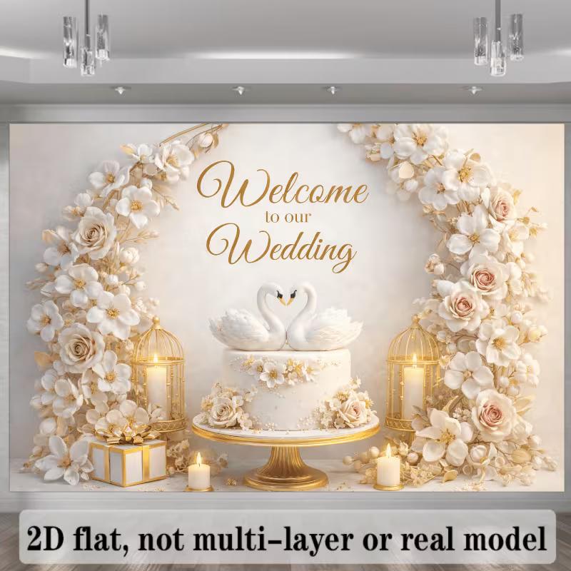 

2D Luxury Wedding Welcome Backdrop, White Swan Cake and Gold Floral Arch for Reception Events 47.2x31.5inch/120*80cm
