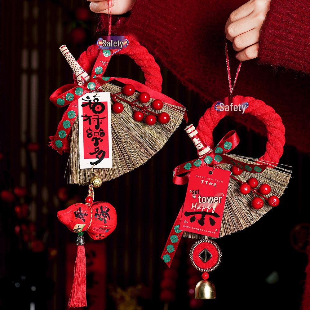 Festive Door Handle Broom Ornament with Bells - Auspicious Hanging Decoration for Housewarming and Entryway.