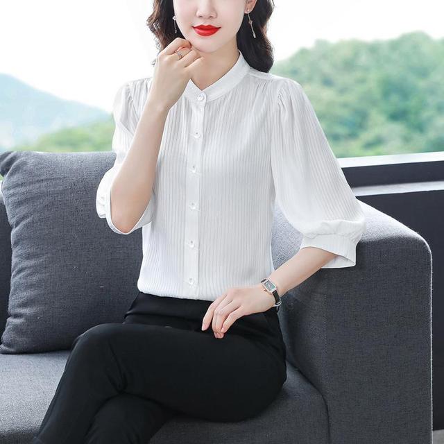 New Women's White Shirt Spring Autumn 3/4 Sleeve Striped Top Summer Loose Reducing Age Puff Sleeve Bottoming Blouse S-4XL