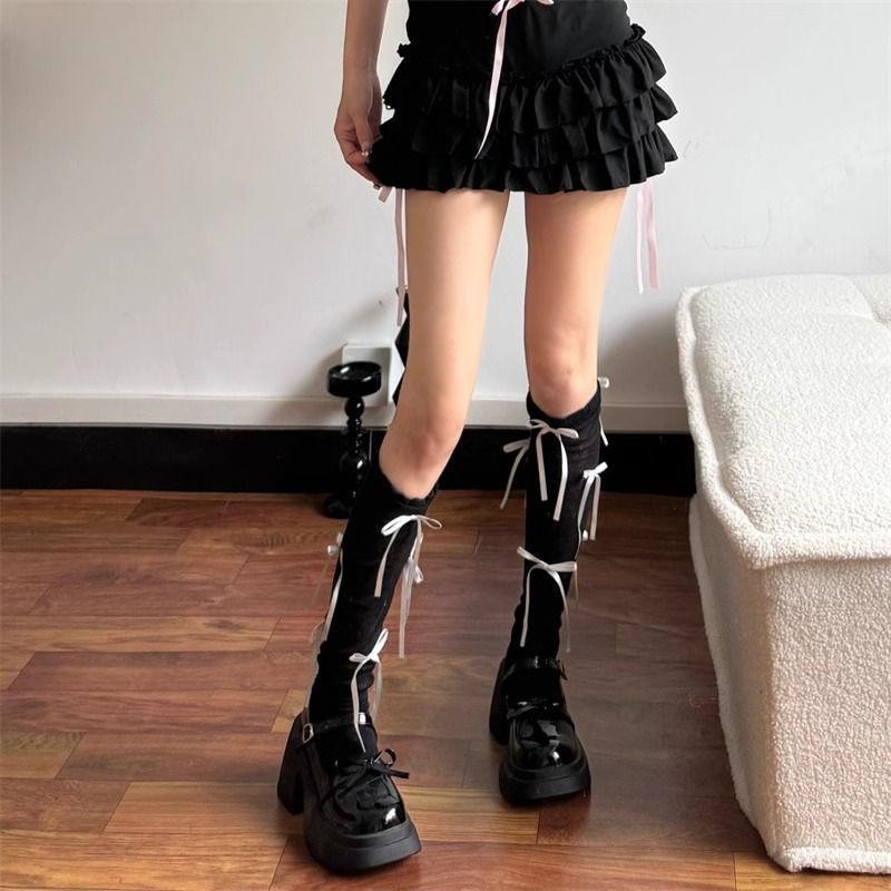 White Calf Socks for Women Summer Thin Bowknot Ballet Bubble Cuff Mary Jane Slouch Socks