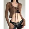 H's European and American Women's Clothing Bohemia Texture Ruffled Tied Flared Sleeve Cardigan Retro Brown Short Top