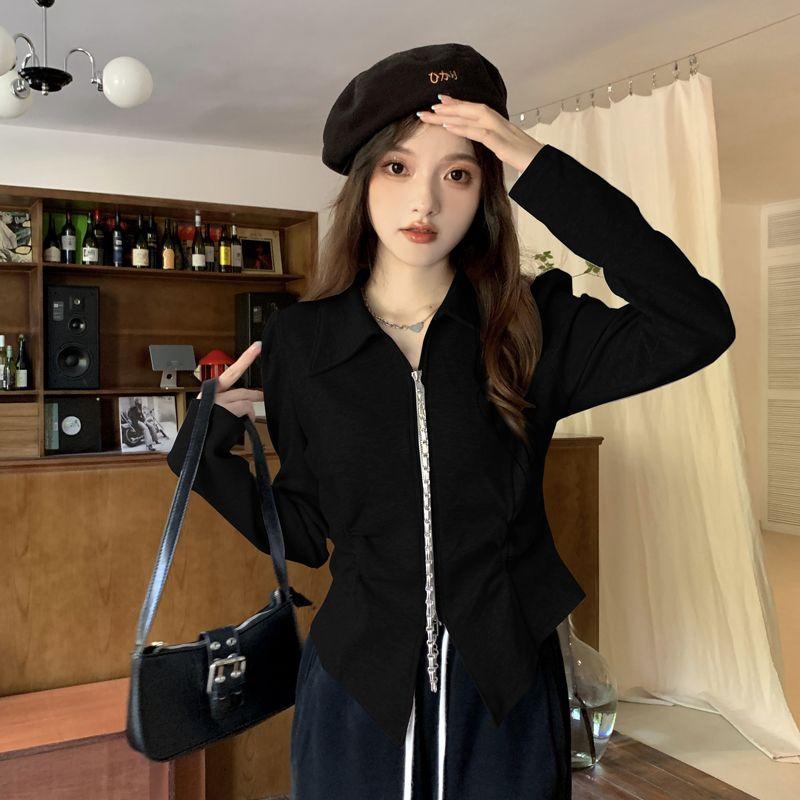 POLO Neck Pleated Slim Top Women's French Solid Casual Irregular Tops Vintage Harajuku Korean Y2k Top Spring and Summer