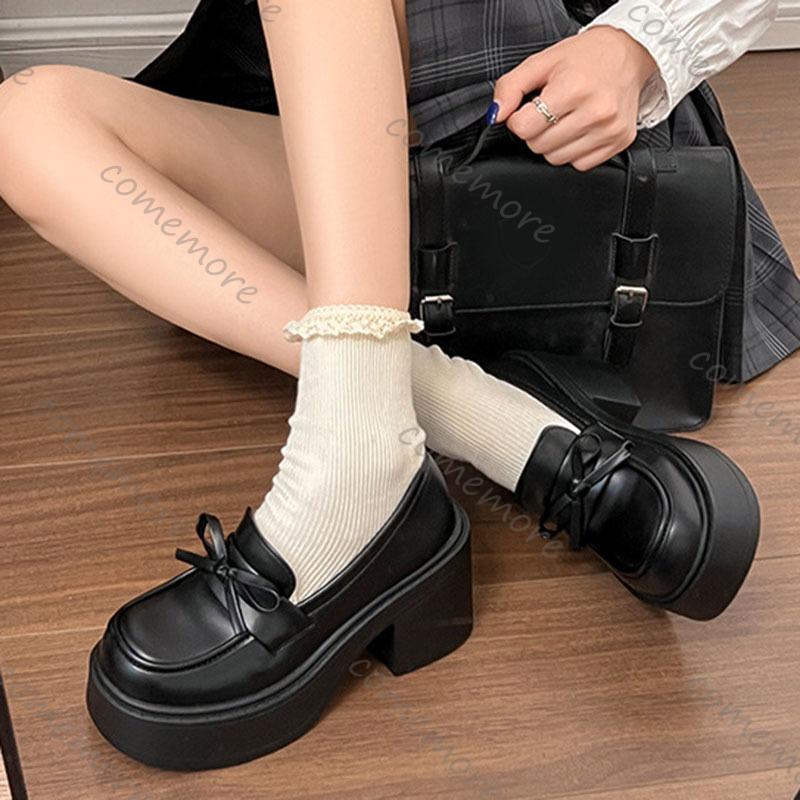 Fashion Comemore Thick Bottom Round Head Student Black Loafers Spring Autumn Japanese Sytle Round Toe Slip on Pumps High Heel Women Shoe