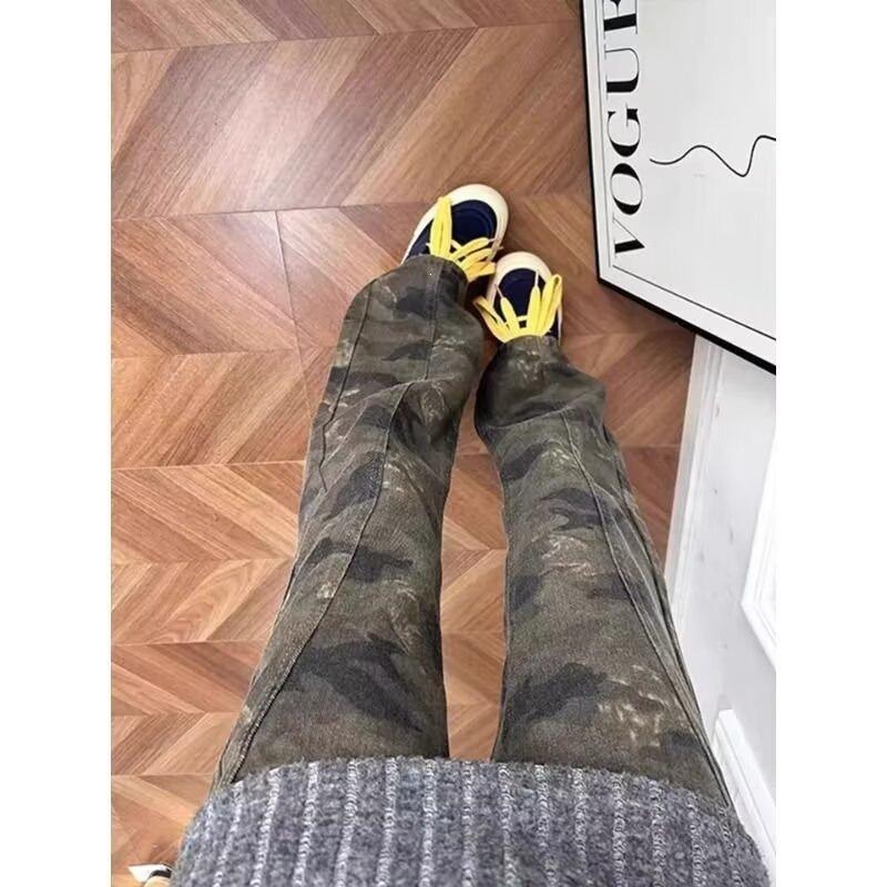 American high street diagonal cut men's clothing camouflage jeans high street vibe style summer new straight thin pants