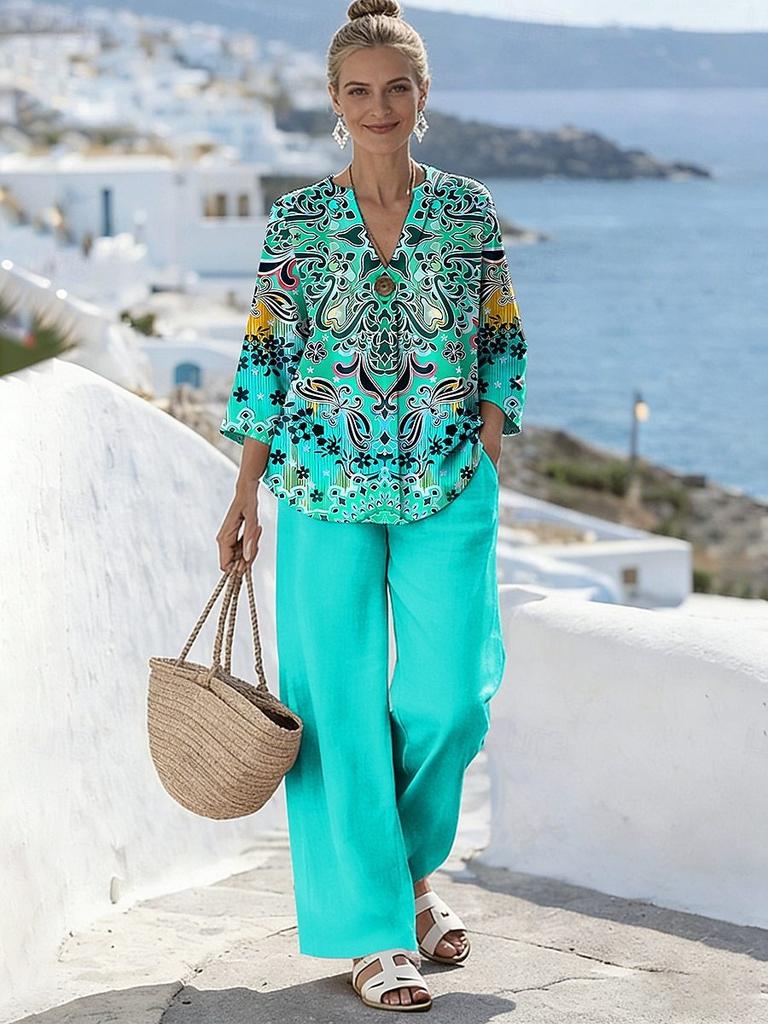 1116 European and American 1D printed women's suit resort style loose long-sleeved shirt casual trousers beach fashion trend