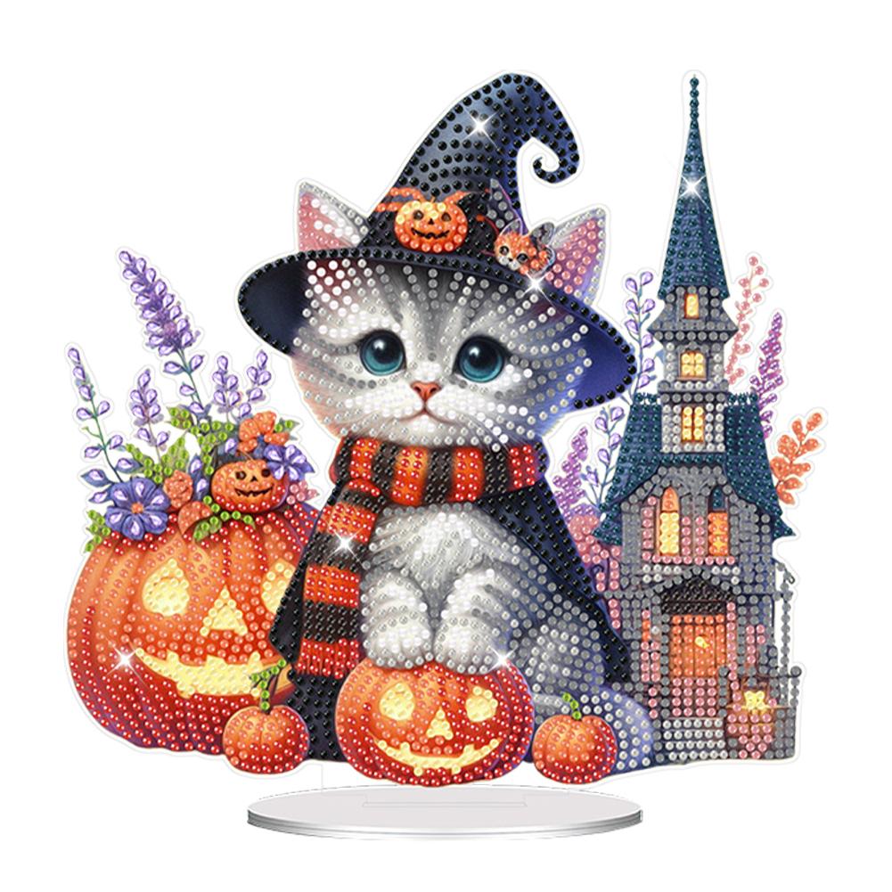 Acrylic Halloween Cute Cat Table Top Diamond Painting Ornament Kits Diamond Painting Desktop Decorations for Home Office Decor
